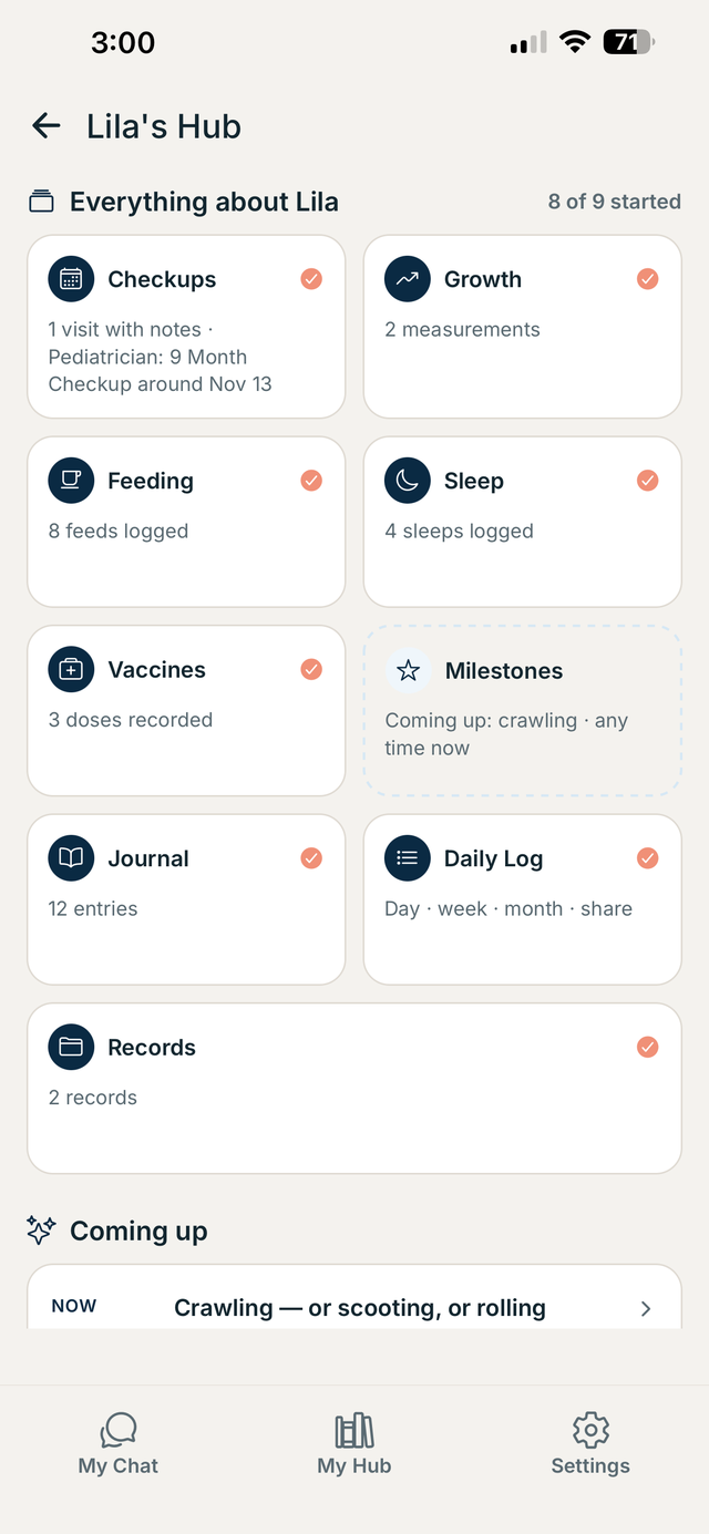ParentingAI Hub: checkups, growth, feeding, sleep, vaccines, milestones, journal, daily log and records for one child